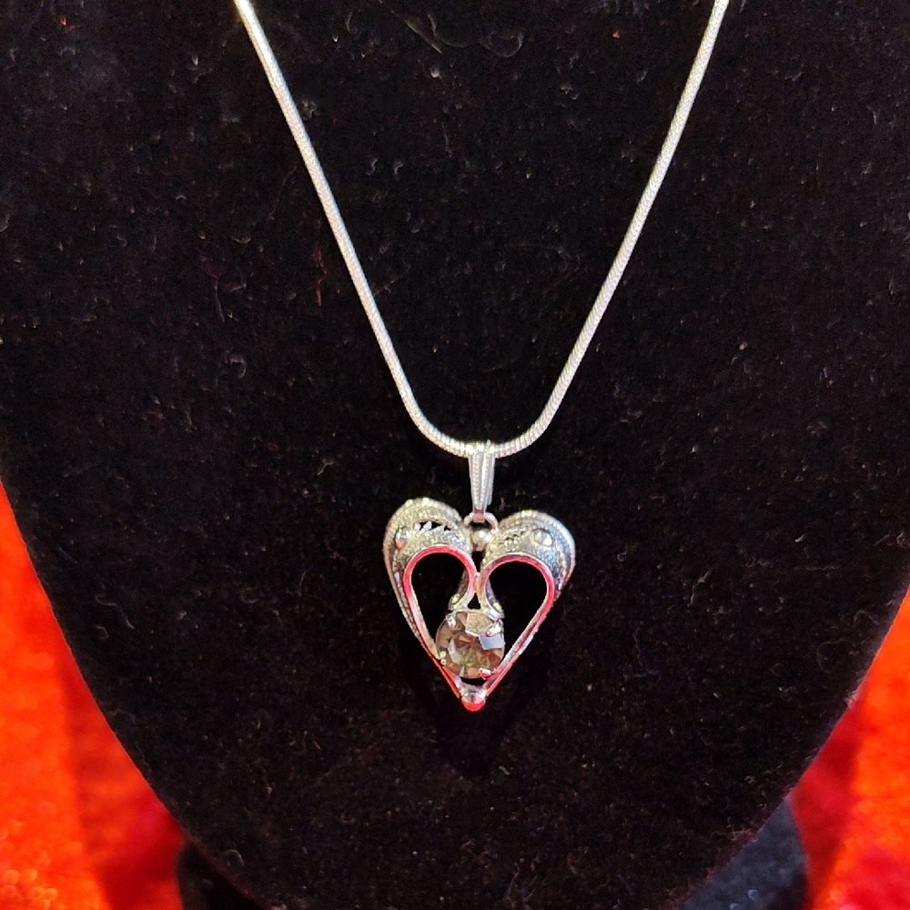 Vintage Sterling Coro Heart Necklace With Smokey Quartz Center Stone